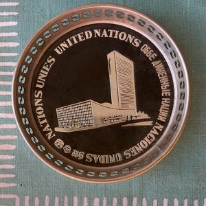 Vintage MCM metal United Nations mod coaster made in Japan